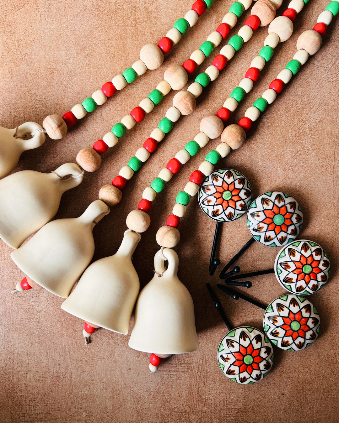 CHRISTMAS EDITION | Ceramic Ivory Long Backdrop Bells with wooden beads and ceramic wall hooks