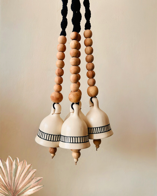 Monochrome Melody | BOHO IVORY Ceramic-Beaded-Macrame | Set of 4 bells with 4 ceramic wall hooks