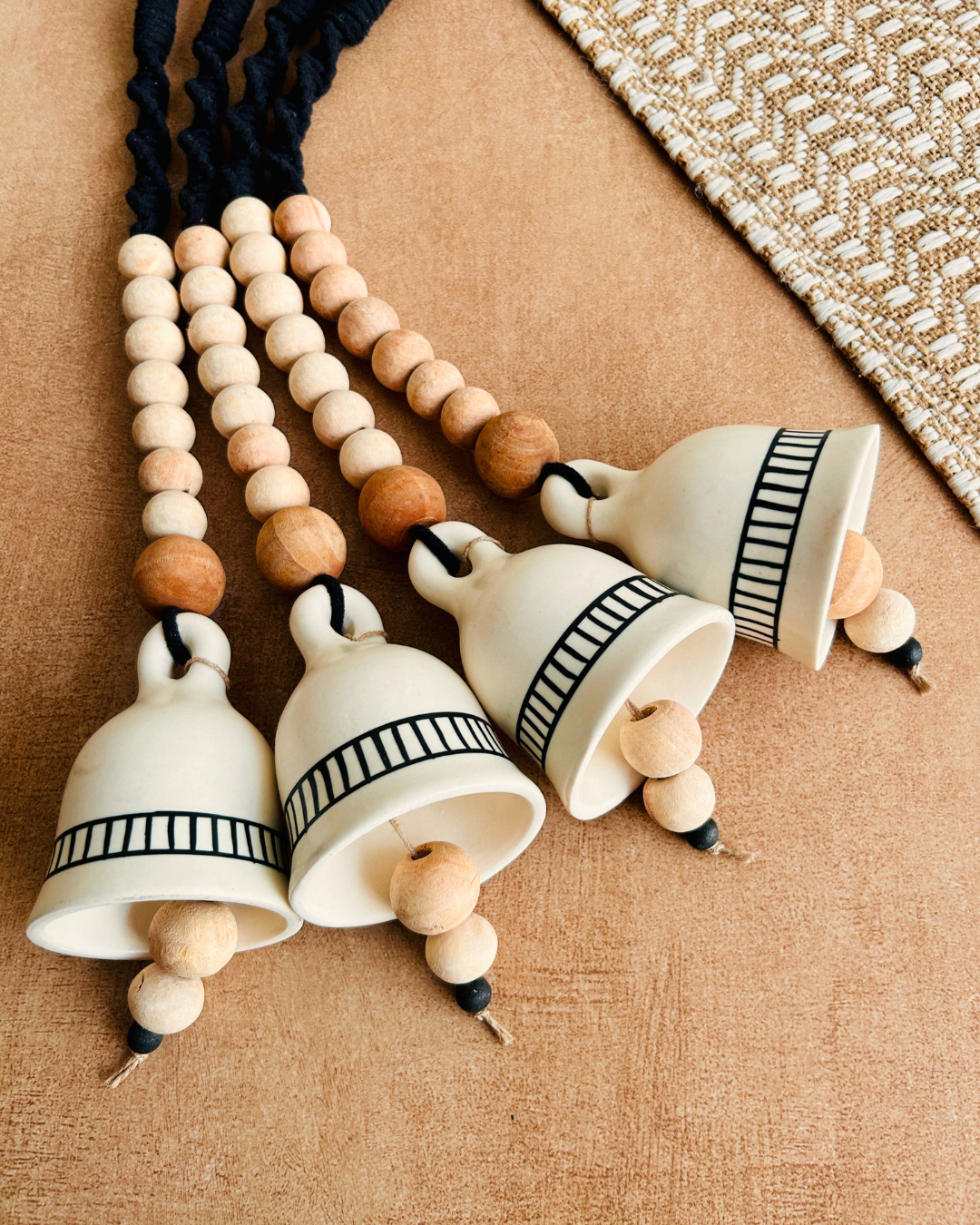 Monochrome Melody | BOHO IVORY Ceramic-Beaded-Macrame | Set of 4 bells with 4 ceramic wall hooks
