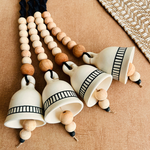 Monochrome Melody | BOHO IVORY Ceramic-Beaded-Macrame | Set of 4 bells with 4 ceramic wall hooks