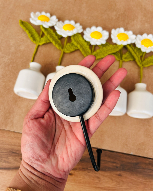 Mac-crochet Collection | Handmade White Daisy Macrame Wall Hanging with hand knitted crochet flowers and ceramic white bottle vases