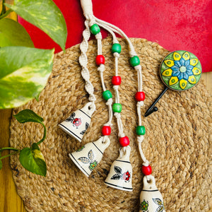 INDIAN ROSE | Floral Symphony Chimes | Bunch of 4 (Small ceramic floral bells with Ceramic Hook