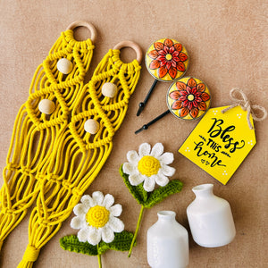 Mac-crochet Collection | Bless This Home wall set up | with macrame hangers and crochet flowers