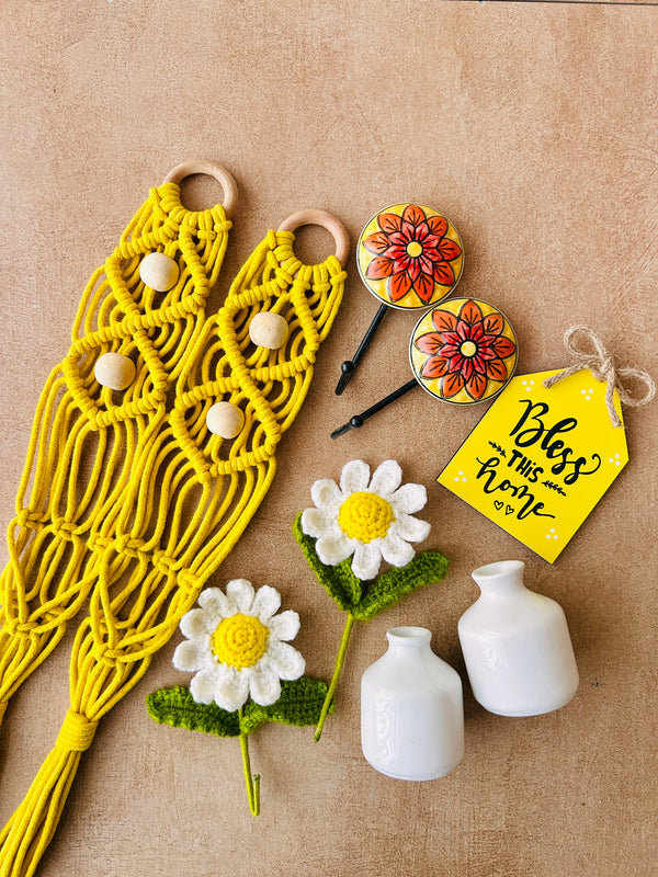 Mac-crochet Collection | Bless This Home wall set up | with macrame hangers and crochet flowers