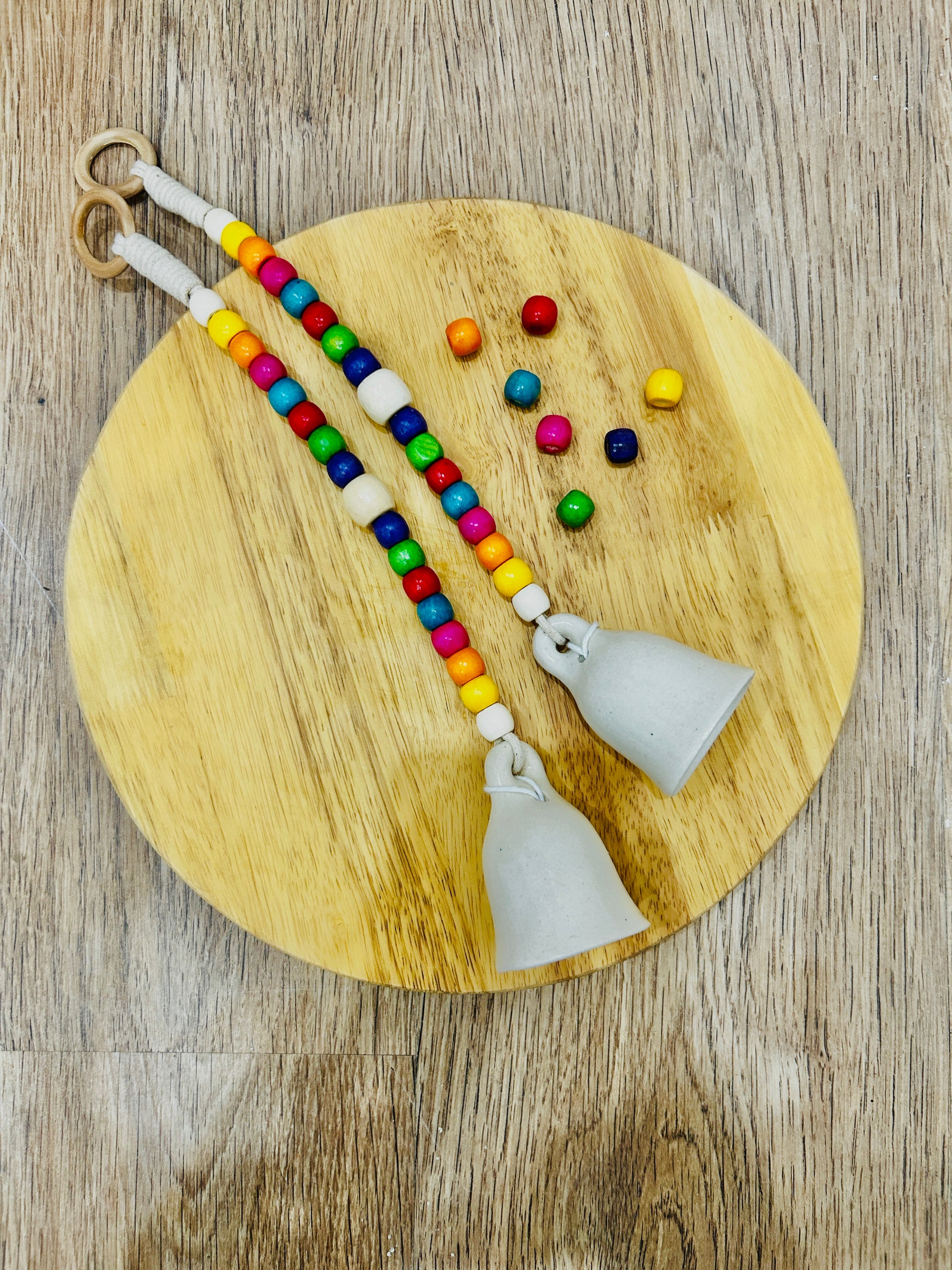 Rainbow Ivory Bells | Colorful wooden beaded small ceramic white bells | Handmade Decor