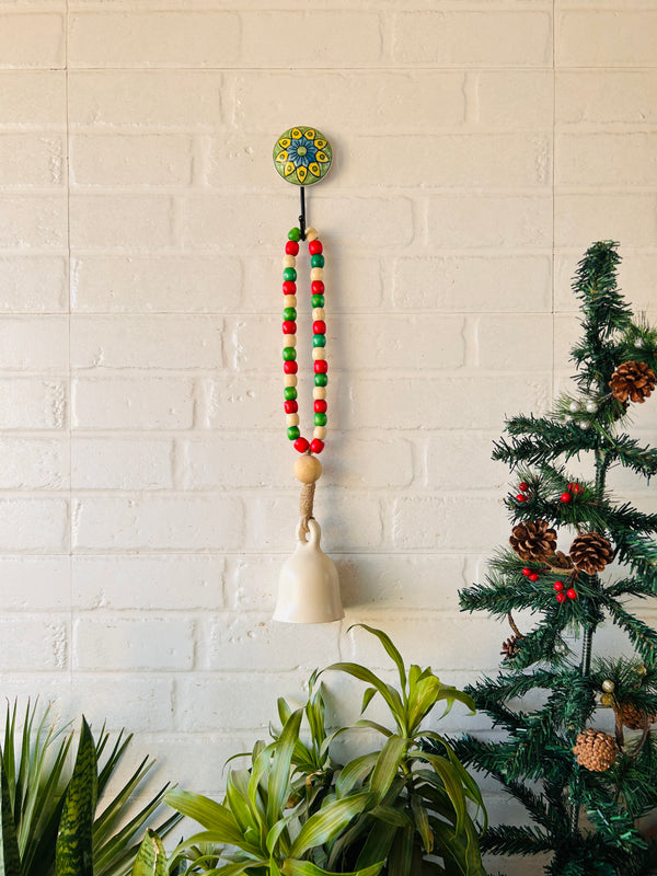 INDIAN ROSE |Handmade Ivory Ceramic Beaded Bell with ceramic hook