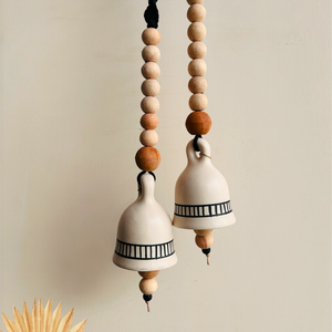 Monochrome Melody | BOHO IVORY Ceramic-Beaded-Macrame Bells | PAIR of bells with a PAIR of ceramic hooks