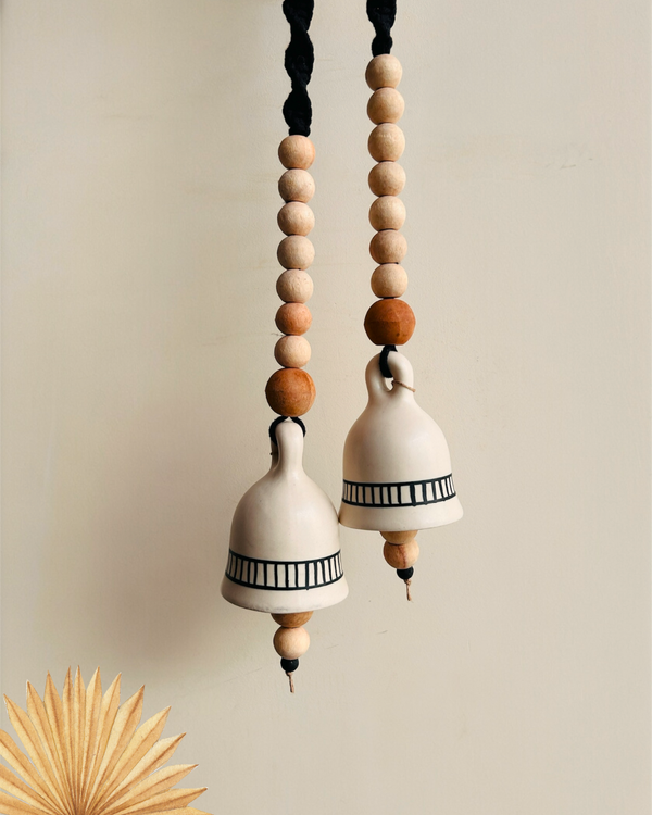 Monochrome Melody | BOHO IVORY Ceramic-Beaded-Macrame Bells | PAIR of bells with a PAIR of ceramic hooks