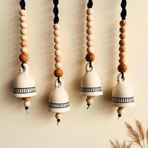 Monochrome Melody | BOHO IVORY Ceramic-Beaded-Macrame | Set of 4 bells with 4 ceramic wall hooks