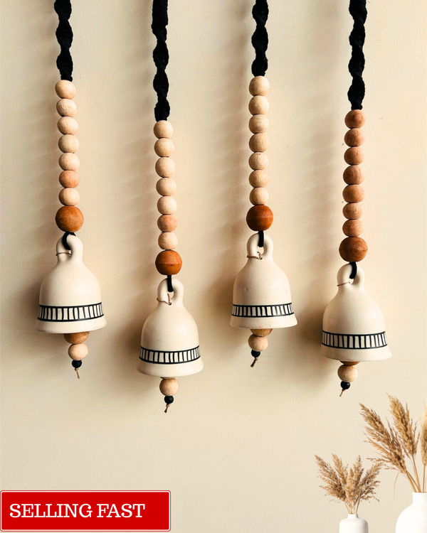 Monochrome Melody | BOHO IVORY Ceramic-Beaded-Macrame | Set of 4 bells with 4 ceramic wall hooks