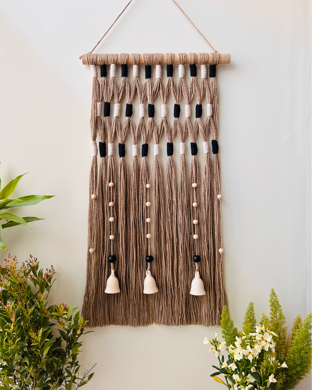 Monochrome Ivory Boho Tapestry | With a ceramic wall hook