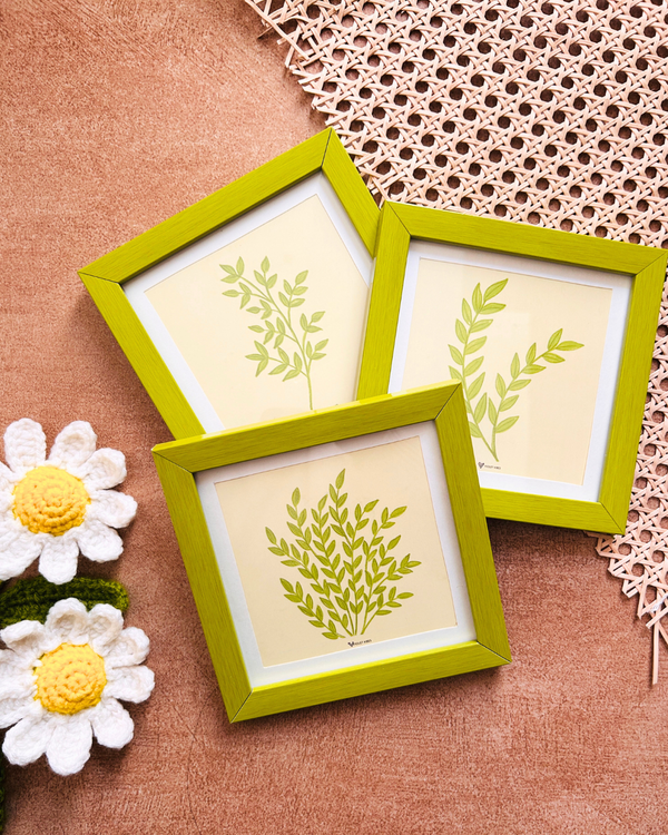 Whispers of leaves | Green Wall Frame Set of 9 | Hand made designs | Glass on top