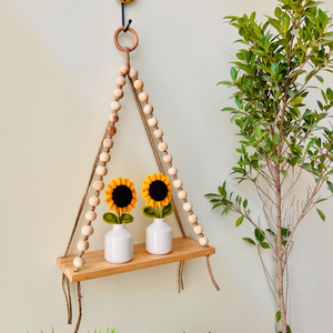 Rustic Sunflower Macramé Wall Shelf with wooden beads | 2 Crochet sunflowers in white ceramic vases