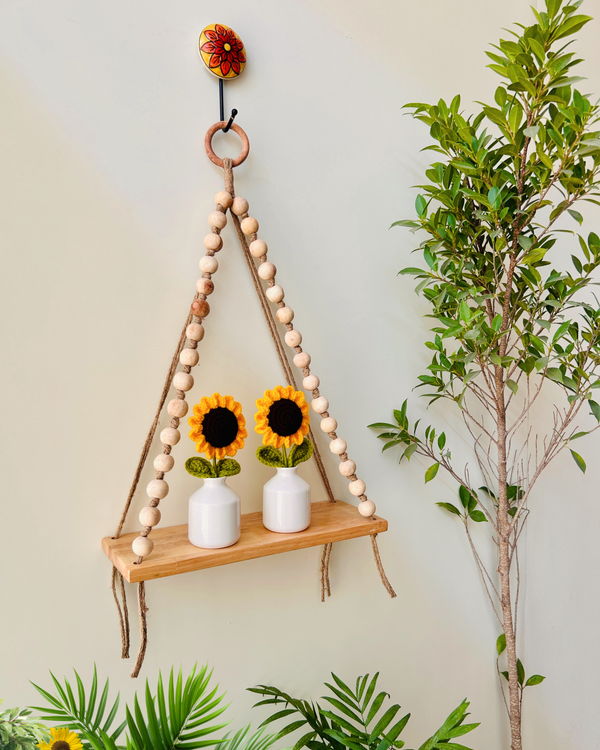 Rustic Sunflower Macramé Wall Shelf with wooden beads | 2 Crochet sunflowers in white ceramic vases