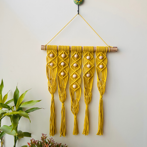 Mac-crochet Collection | Handmade White Daisy Macrame Wall Hanging with hand knitted crochet flowers and ceramic white bottle vases