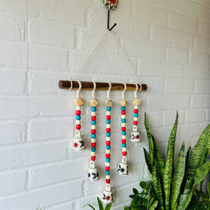GULMOHAR | Beads and Bells Wall hanging | 5 beaded bells on a wooden dowel with ceramic hook | Handmade Decor