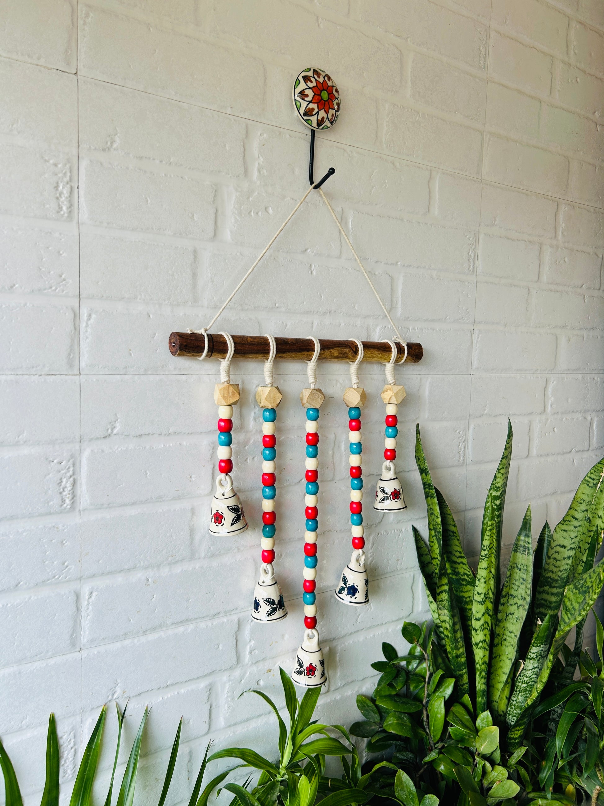 GULMOHAR | Beads and Bells Wall hanging | 5 beaded bells on a wooden dowel with ceramic hook | Handmade Decor