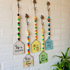 Beaded Wooden Huts with Ceramic Hooks - Set of 5