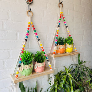 Natural Wood Colorful Beaded Shelf | With Ceramic Planters and Hook
