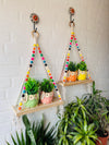 Natural Wood Colorful Beaded Shelf | With Ceramic Planters and Hook