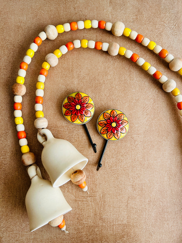 Marigold | Pair of Boho Ivory | Backdrop Ceramic Beaded Bells | With 2 ceramic wall hooks