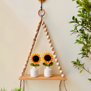 Rustic Sunflower Macramé Wall Shelf with wooden beads | 2 Crochet sunflowers in white ceramic vases