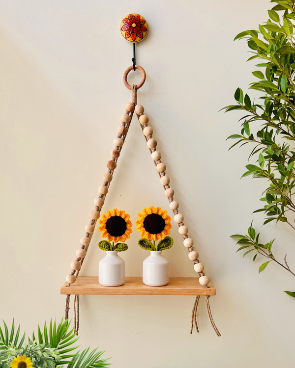Rustic Sunflower Macramé Wall Shelf with wooden beads | 2 Crochet sunflowers in white ceramic vases