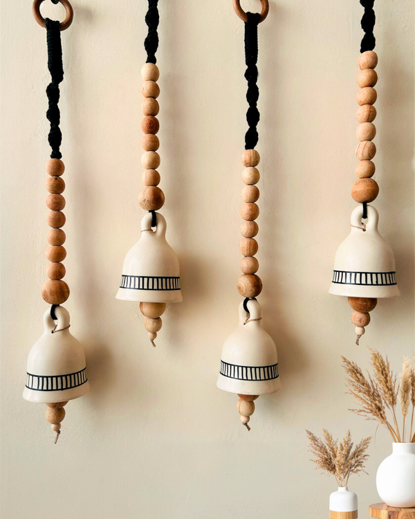 Monochrome Melody | BOHO IVORY Ceramic-Beaded-Macrame | Set of 4 bells with 4 ceramic wall hooks
