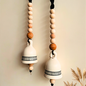 Monochrome Melody | BOHO IVORY Ceramic-Beaded-Macrame Bells | PAIR of bells with a PAIR of ceramic hooks