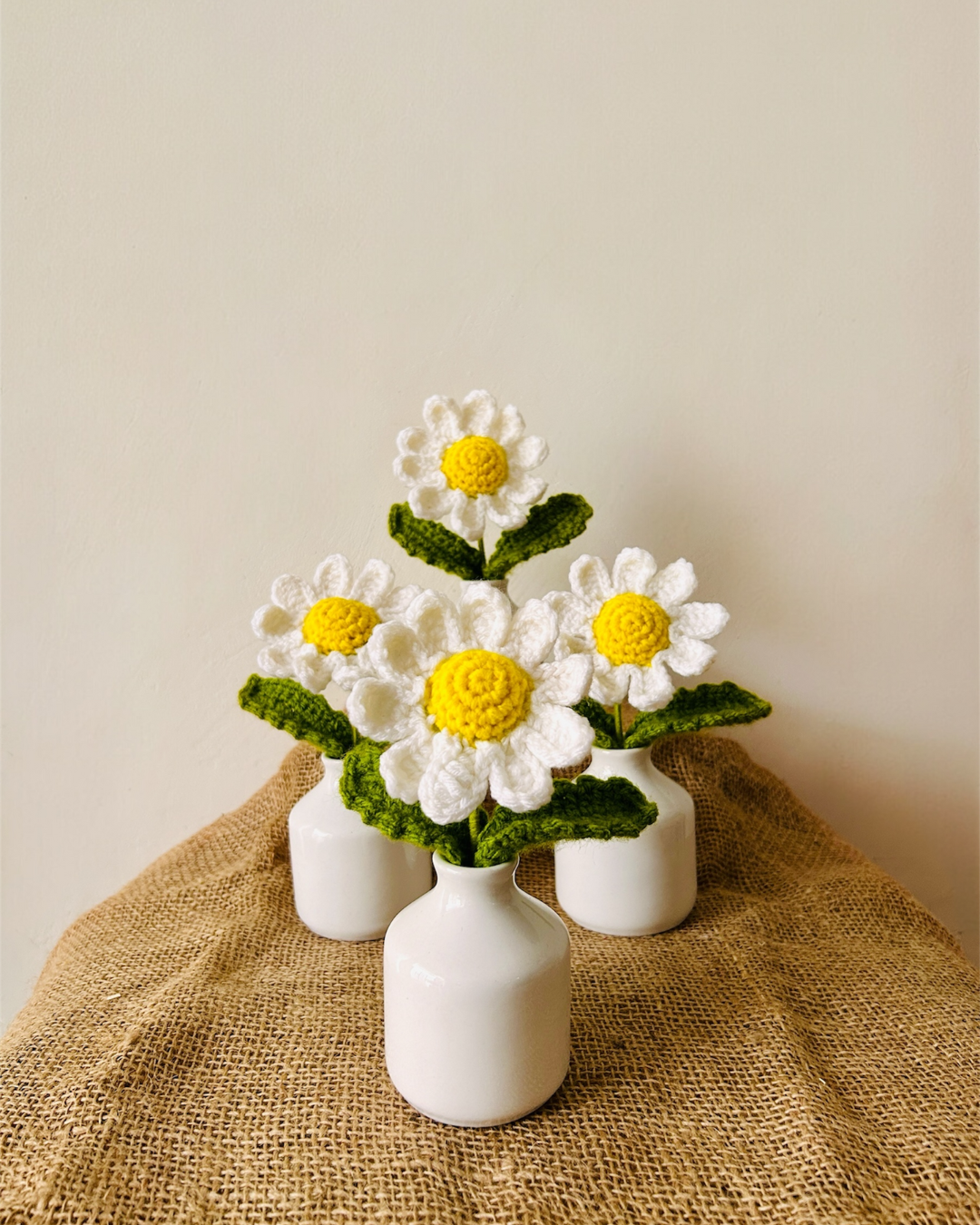 Small White Ceramic Bottle Vase with Crochet Daisy Flower – Miniature Table Decor