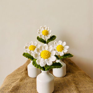 Small White Ceramic Bottle Vase with Crochet Daisy Flower – Miniature Table Decor