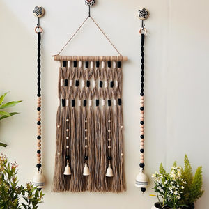 Monochrome Tapestry Wall Set up with ceramic bells and hooks