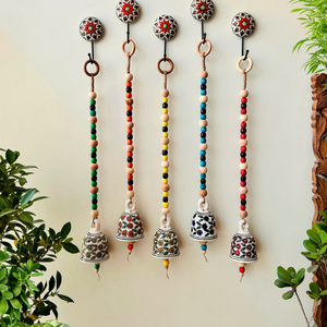 Blossom Beaded Ceramic Bells | With Ceramic wall hooks-Floral MULTICOLOR