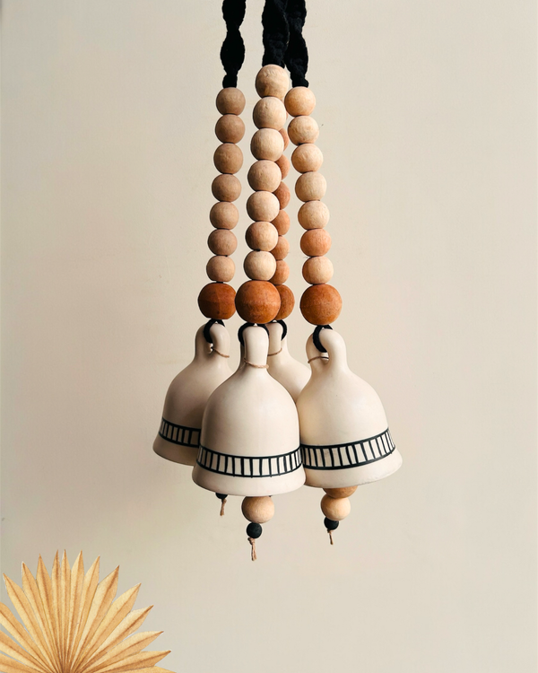 Monochrome Melody | BOHO IVORY Ceramic-Beaded-Macrame | Set of 4 bells with 4 ceramic wall hooks