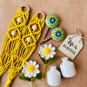 Mac-crochet Collection | Life is Beautiful wall set up | with macrame hangers and crochet flowers