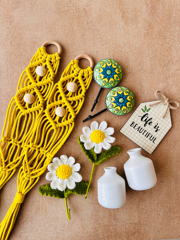 Mac-crochet Collection | Life is Beautiful wall set up | with macrame hangers and crochet flowers