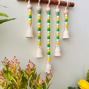 IVORY LABURNUM | Beads and Bells Wall hanging | 5 beaded bells on a wooden dowel with ceramic hook | Handmade Decor