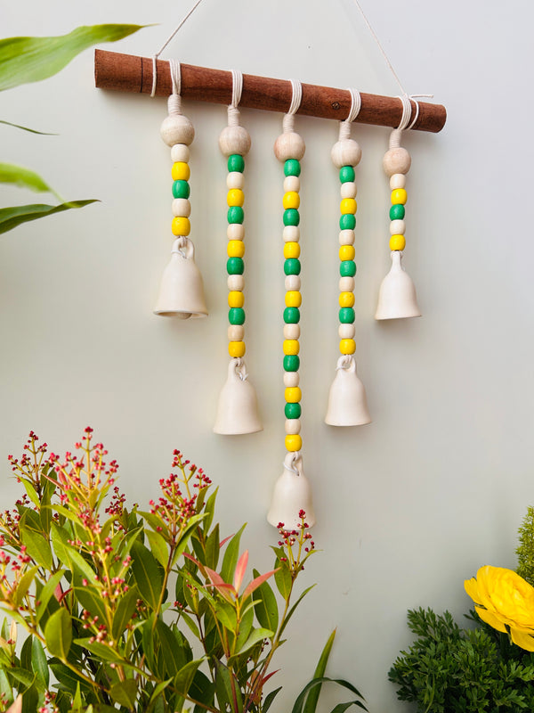 IVORY LABURNUM | Beads and Bells Wall hanging | 5 beaded bells on a wooden dowel with ceramic hook | Handmade Decor