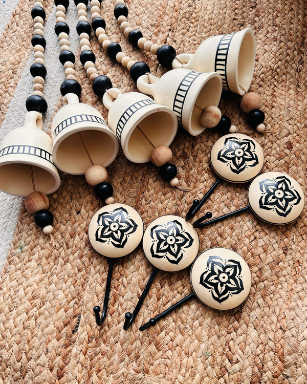 Midnight Ivory Ceramic Beaded Bells | With Ceramic wall hooks- MONOCHROME