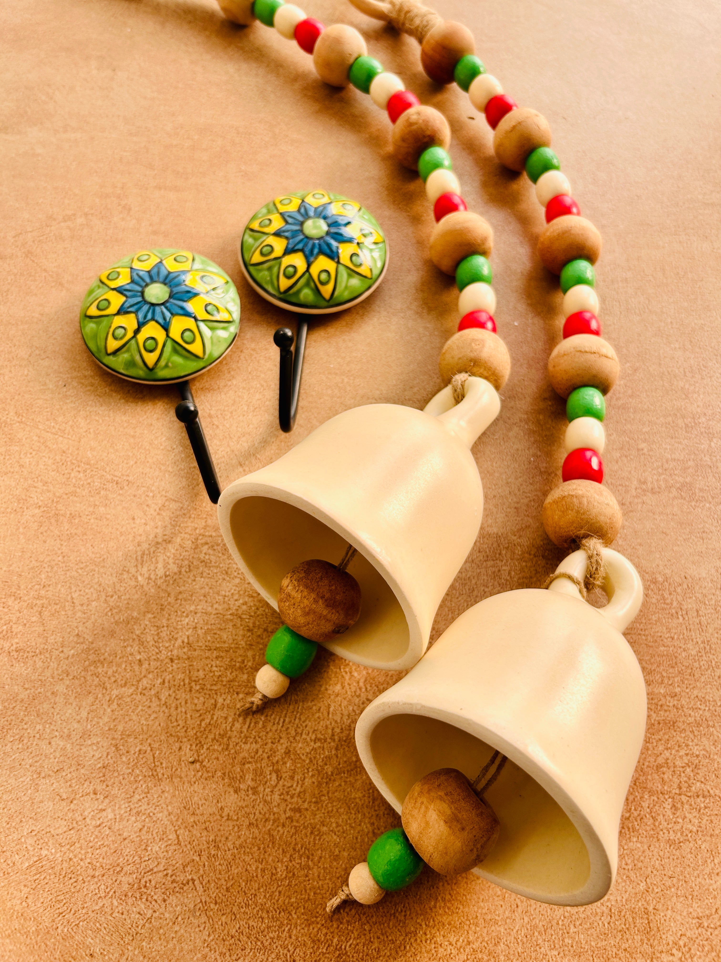CHRISTMAS EDITION |Pair of Ceramic Beaded Handmade Bells with 2 Ceramic Hand painted wall hooks