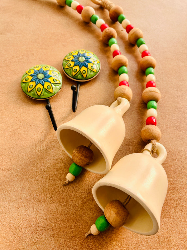 CHRISTMAS EDITION |Pair of Ceramic Beaded Handmade Bells with 2 Ceramic Hand painted wall hooks