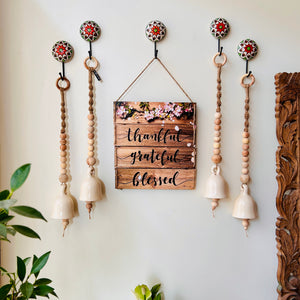 Rustic Serenity Wall Set with 4 Ceramic Wooden Beaded Ivory Bells  | Wall Decor