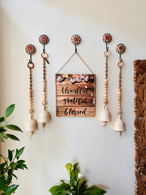 Rustic Serenity Wall Set with 4 Ceramic Black Beaded Ivory Bells  | Wall Decor