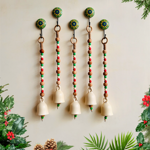 INDIAN ROSE | Set of 5 of Ceramic Beaded Handmade Bells with 5 Ceramic Hand painted wall hooks