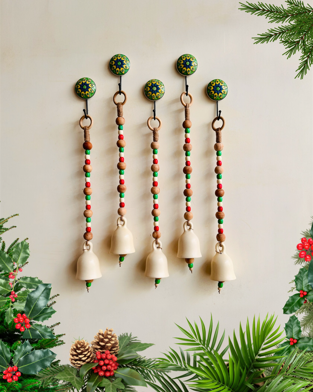 INDIAN ROSE | Set of 5 of Ceramic Beaded Handmade Bells with 5 Ceramic Hand painted wall hooks