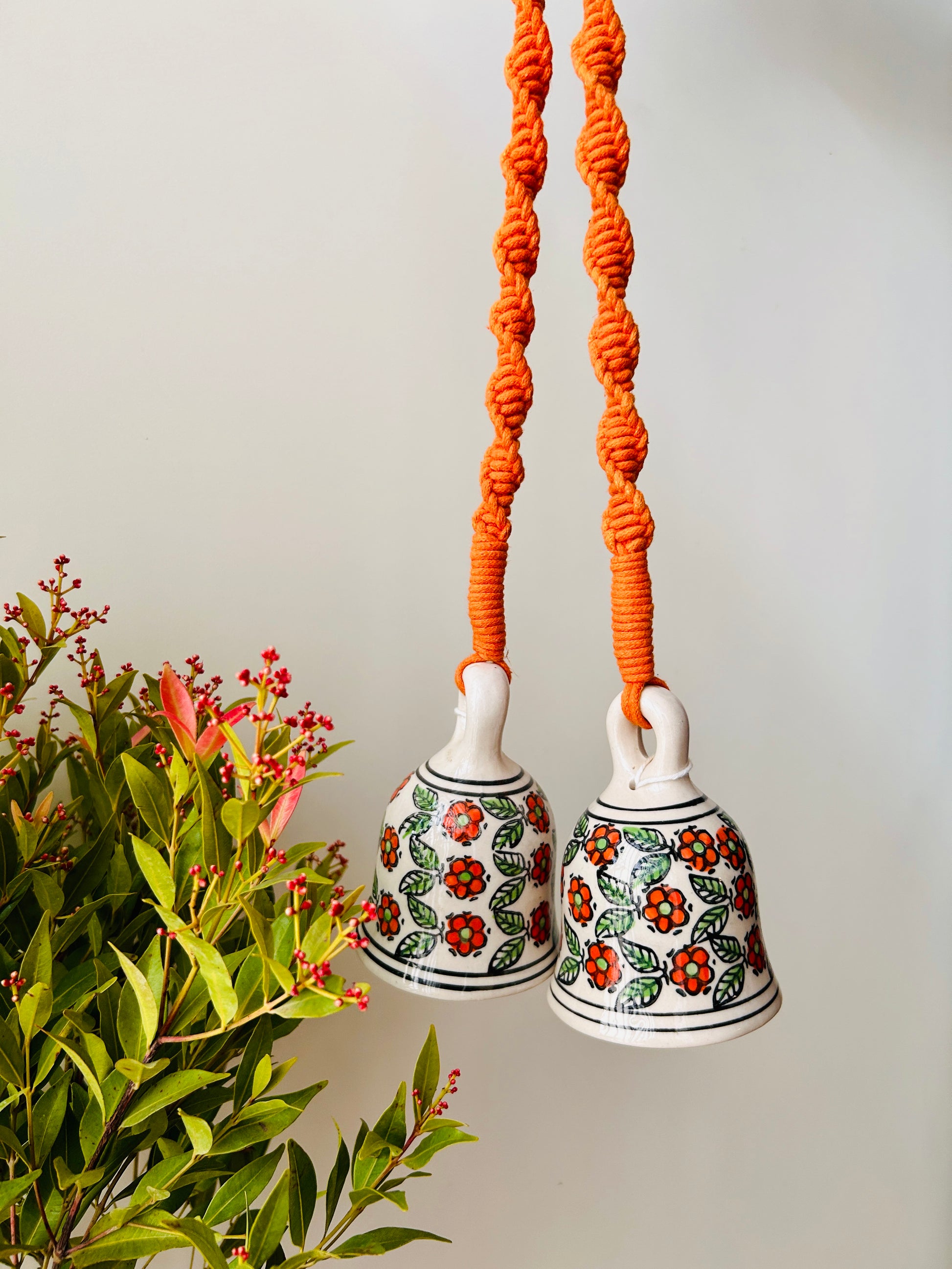 Tangerine | Ceramic Macrame Bells with Ceramic Hooks | Set of 2 (Free shipping)
