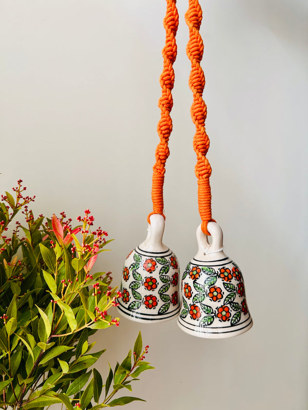 Tangerine | Ceramic Macrame Bells with Ceramic Hooks | Set of 2 (Free shipping)