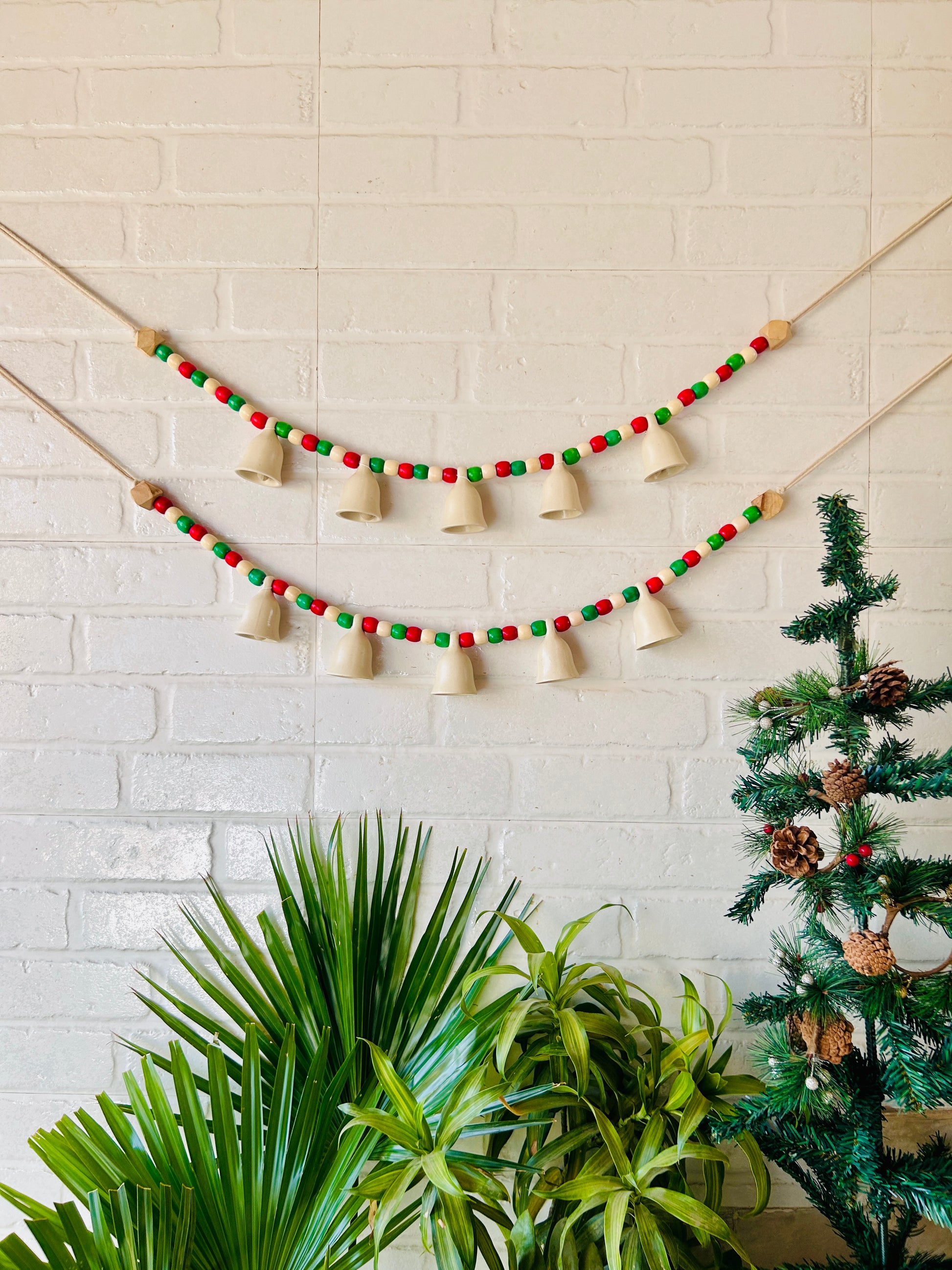 INDIAN ROSE | Handmade Bunting with Small Ceramic Ivory Bells | Beaded Toran for Entrance Decor