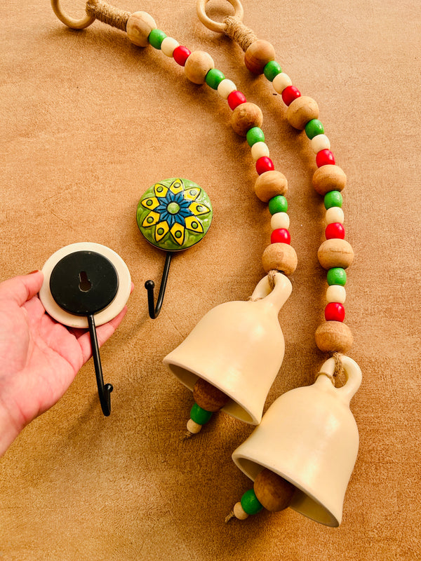 CHRISTMAS EDITION |Pair of Ceramic Beaded Handmade Bells with 2 Ceramic Hand painted wall hooks