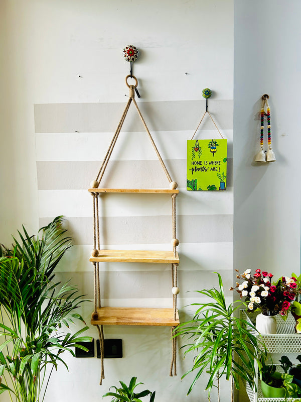 Jute triple wooden shelf with hook and ceramic planters